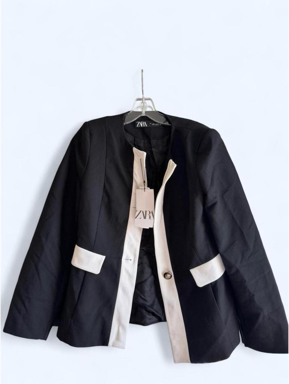 Zara black blazer with white contrast trim and button detail